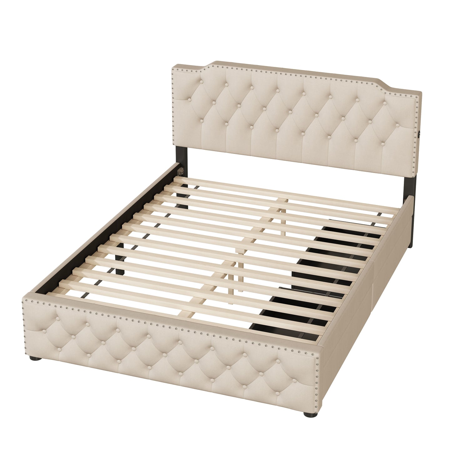 Queen Size Upholstered Platform Bed With 2 Drawers And 2 Sets Of USB Ports On Each Side - Beige