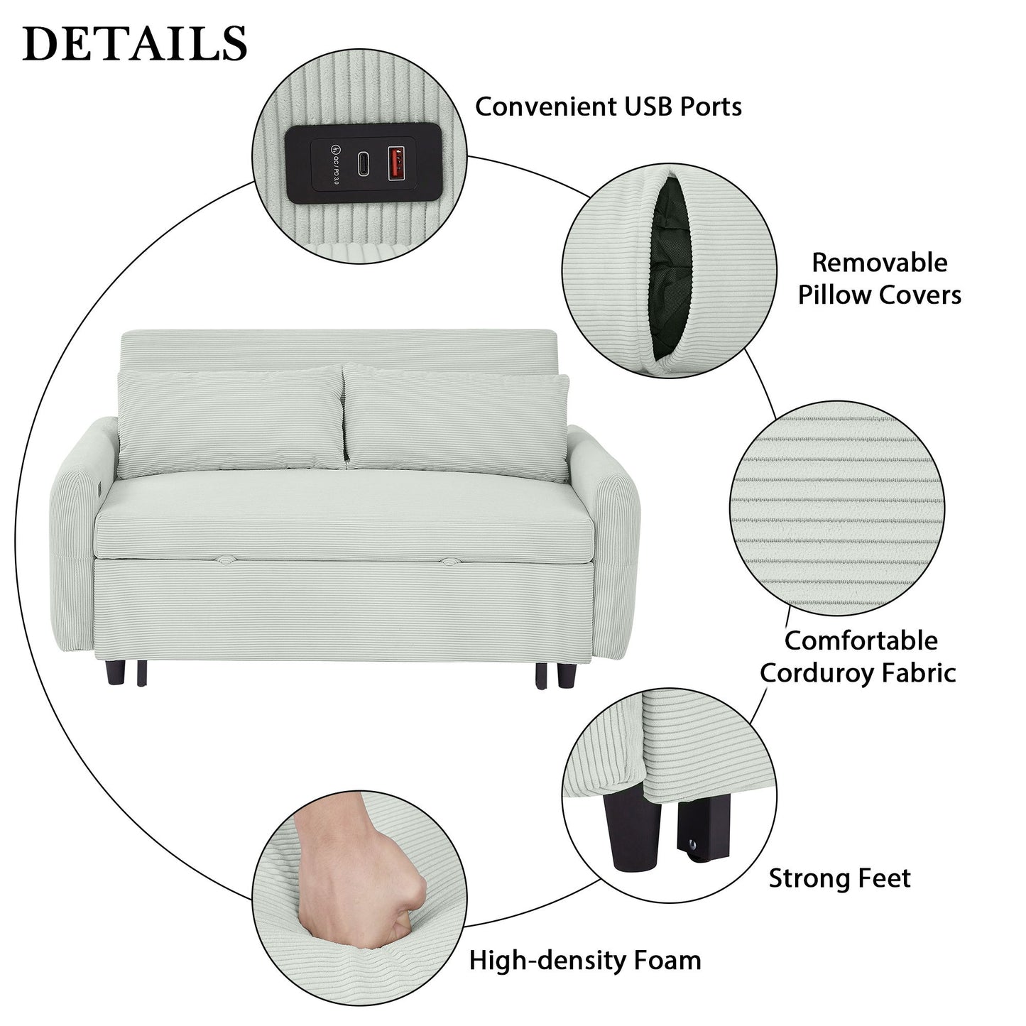Pull Out Sofa Bed Convertible Couch 2 Seat Loveseat Sofa Modern Sleeper Sofa With 2 Throw Pillows And USB Ports For Living Room - Light Gray Green