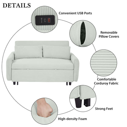 Pull Out Sofa Bed Convertible Couch 2 Seat Loveseat Sofa Modern Sleeper Sofa With 2 Throw Pillows And USB Ports For Living Room - Light Gray Green