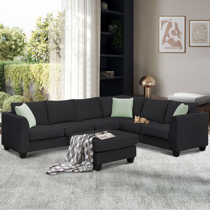 Sectional Sofa Couches Living Room Sets, 7 Seats Modular Sectional Sofa With Ottoman, L Shape Fabric Sofa Corner Couch Set With 3 Pillows - Black