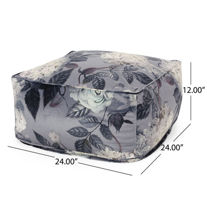Hazel - Large Square Pouf With Flower Print - Gray
