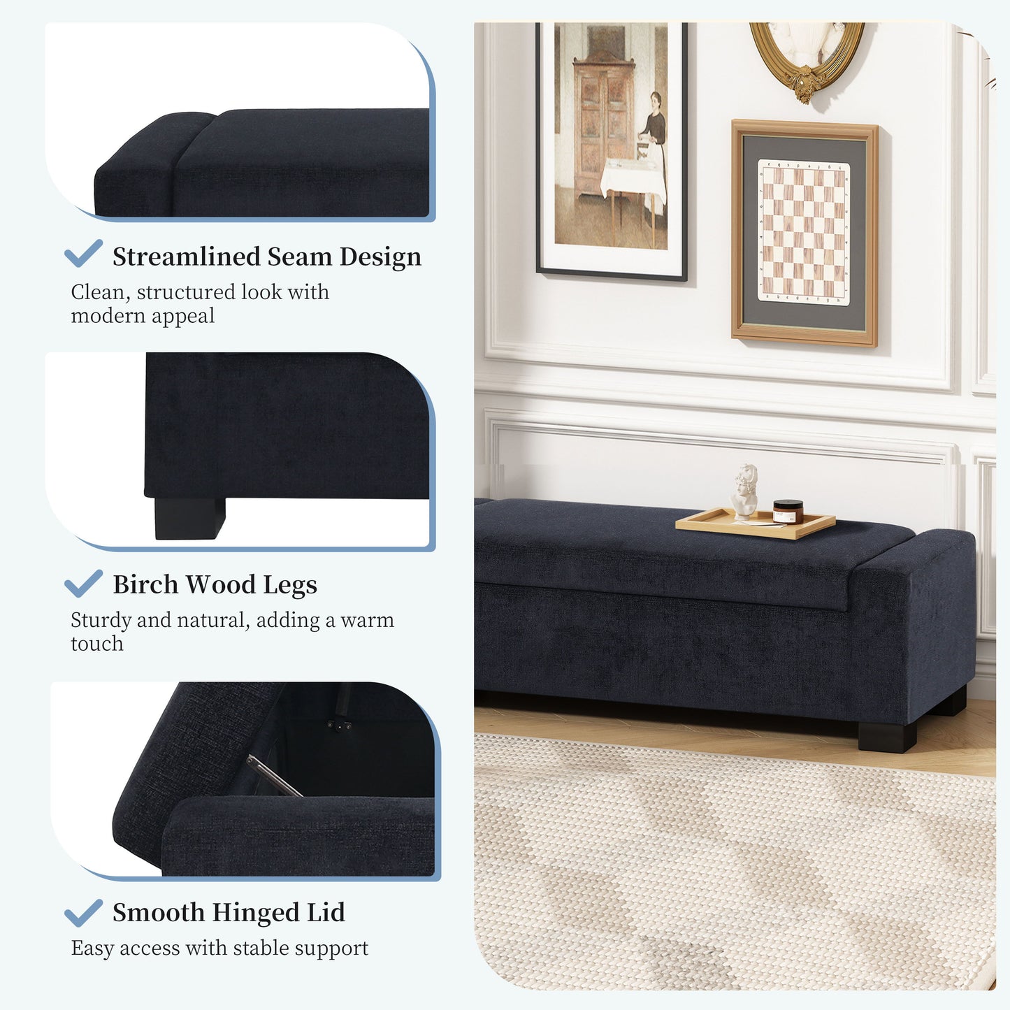 Textured Fabric Ottoman Bench With Hinged Lid - Dark Blue