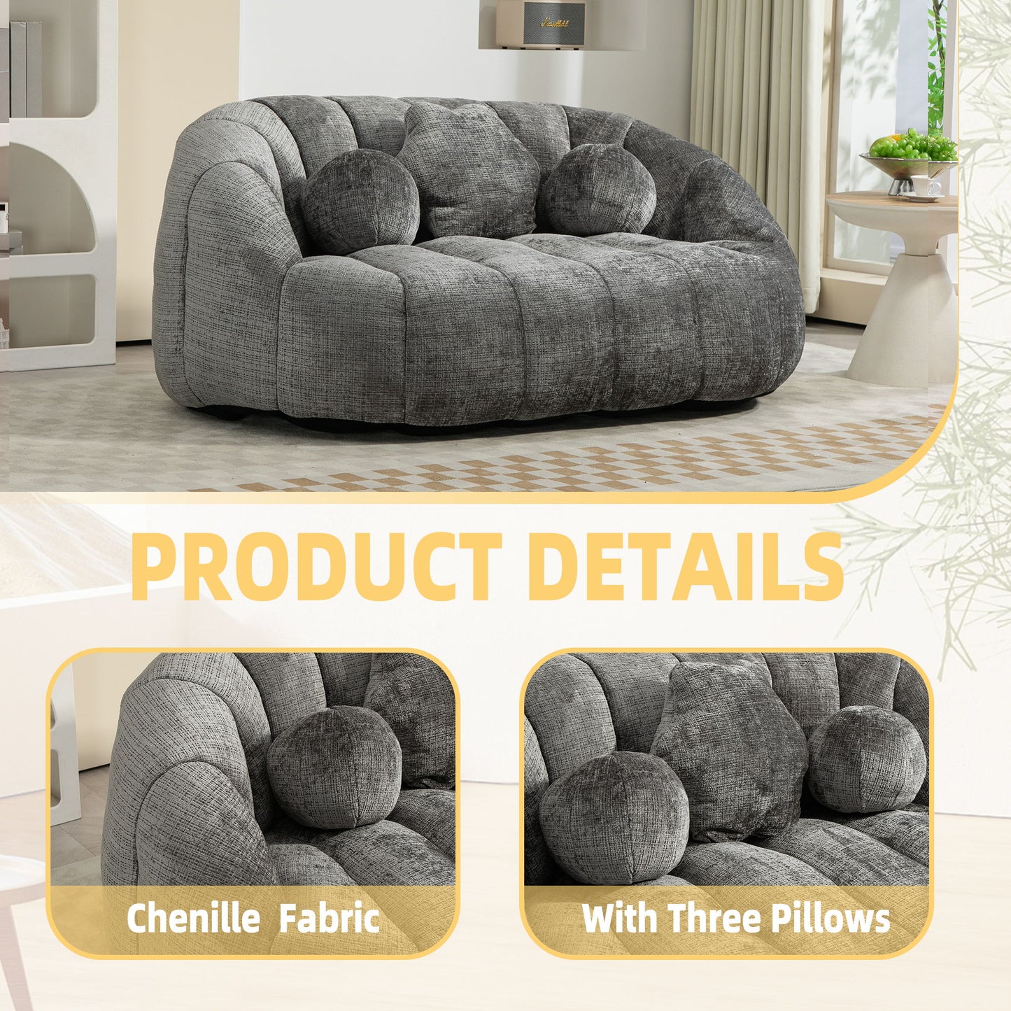 Durable Comfort High Back Bean Bag Sofa Lounger For Adults And Kids - Gray