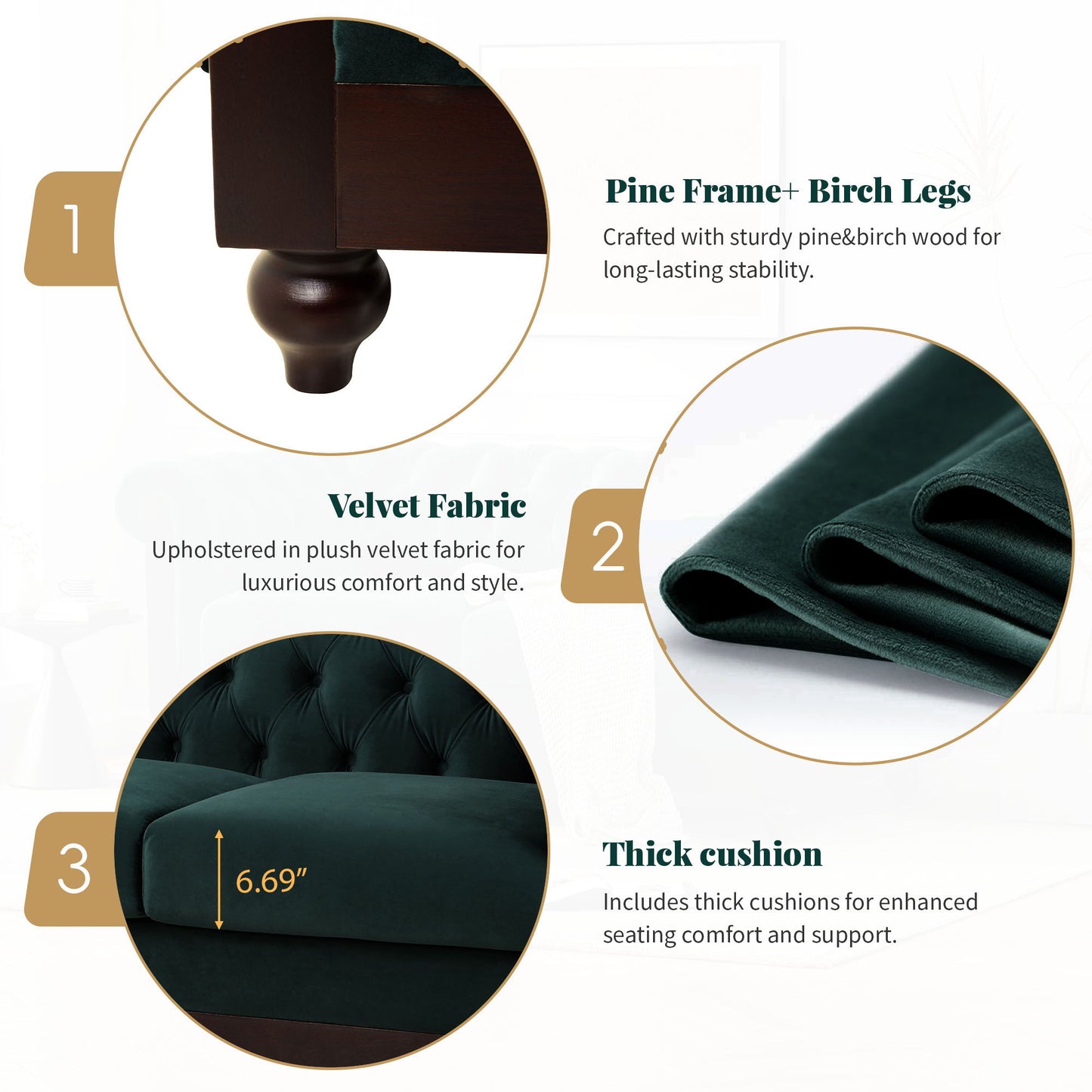Chesterfield Velvet Loveseat Sofa 2 Person Rolled Arm Upholstered Couch - Forest Green
