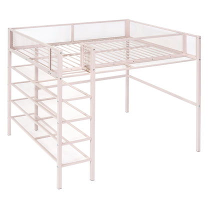 Full Size Loft Bed With 4 Tier Shelves And Storage - Pink