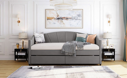 Twin Size Upholstered Daybed With Two Drawers And Slat - Gray