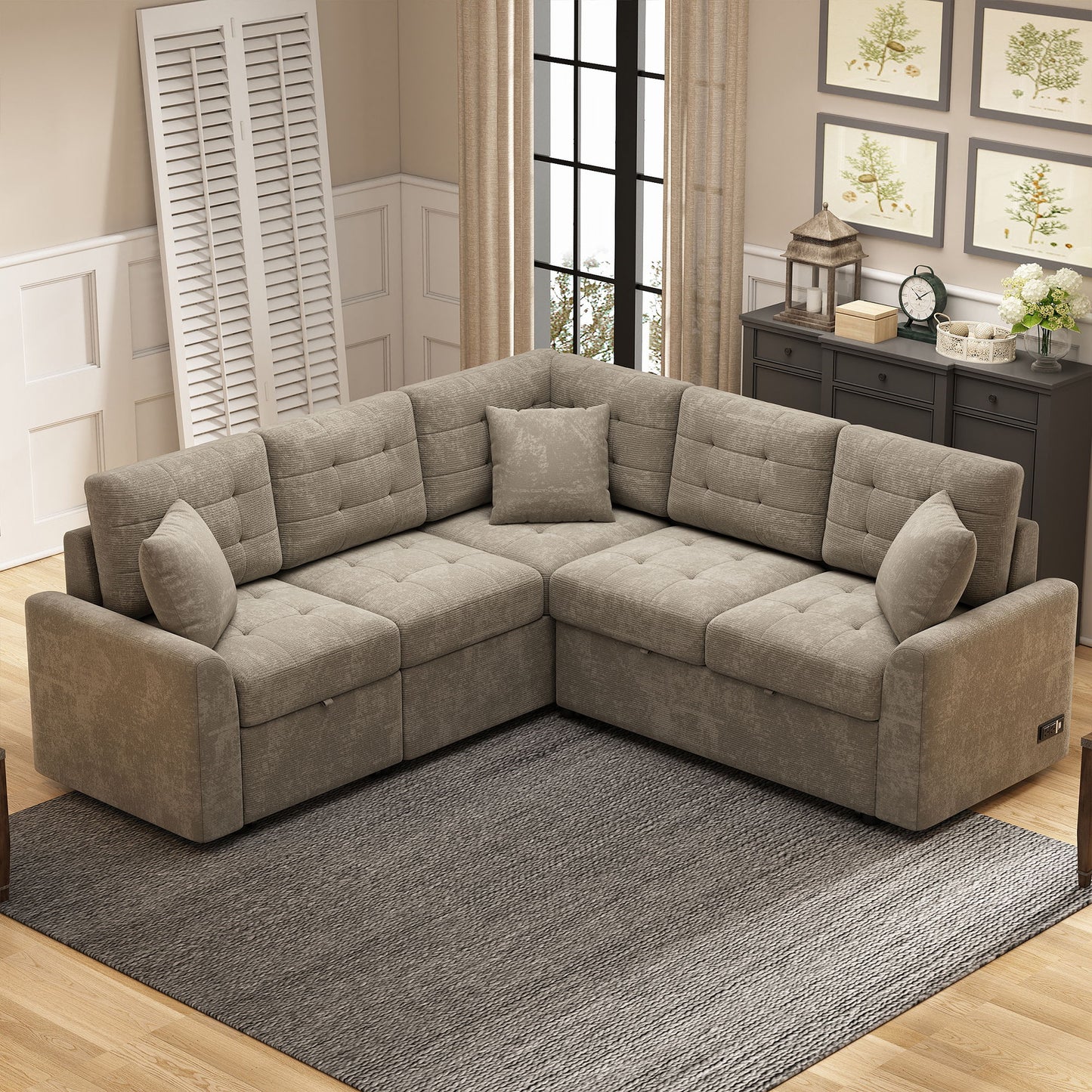 L-Shape Sofa Bed Pull-Out Sleeper Sofa With Wheels, USB Ports, Power Sockets For Living Room - Khaki