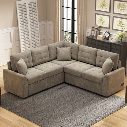 L-Shape Sofa Bed Pull-Out Sleeper Sofa With Wheels, USB Ports, Power Sockets For Living Room - Khaki