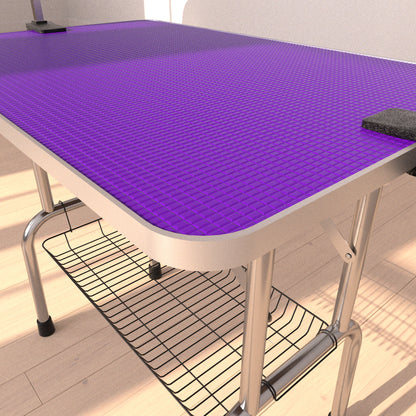 Folding Dog Pet Grooming Table Stainless Steel Frame Rubber Mat On Board With Adjustable Arm And Clamps Pet Dog, Cat Grooming Table - Purple