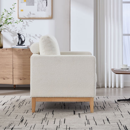 Wide Modern Farmhouse Performance Accent Chair With Natural Wood Legs, Wood Base Reading Armchair Single Sofa With 2 Bolster Pillows For Living Room Offices And Lounge - Ivory