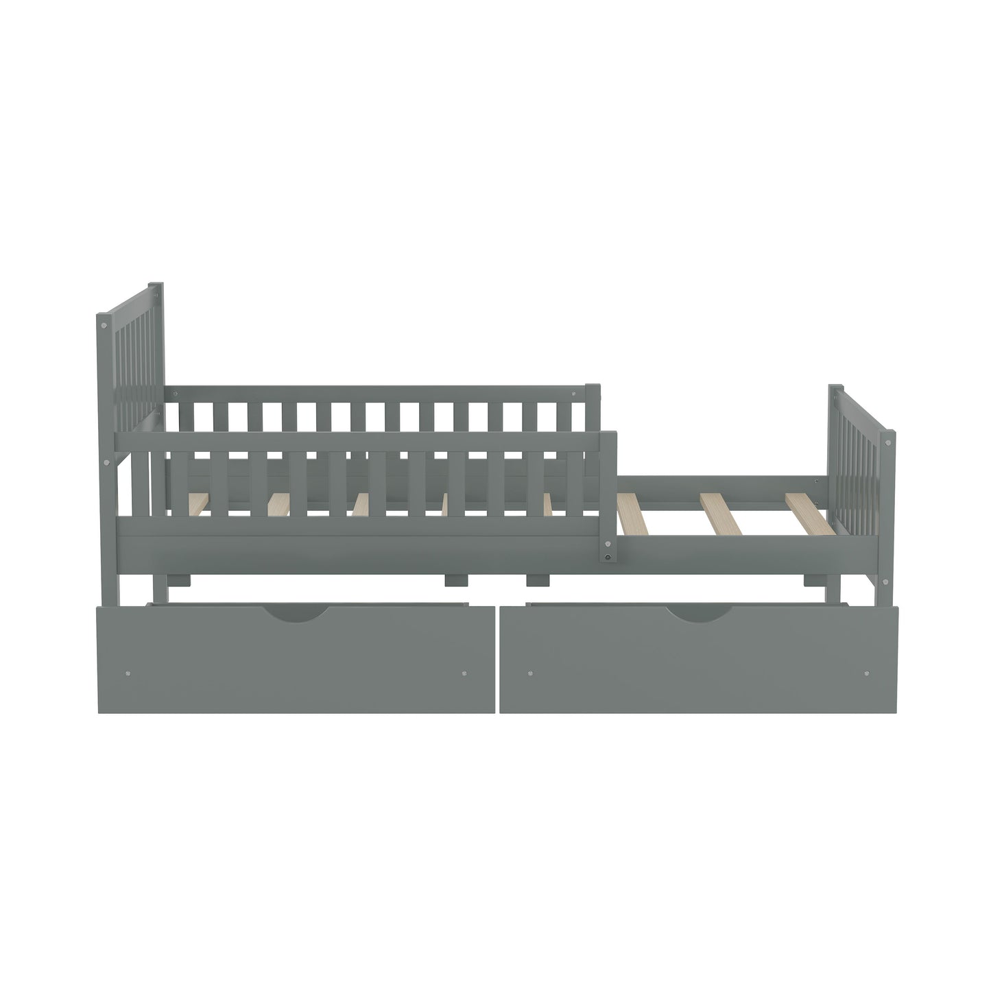 Twin Size Platform Bed With Guardrails On Both Sides And 2 Storage Drawers - Gray
