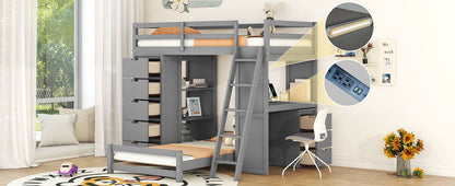 Twin Over Twin Bunk Bed With LED Light And USB Ports - Gray