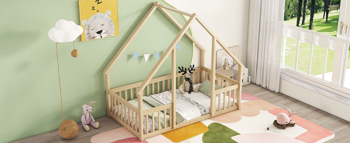 Twin Wood House-Shaped Floor Bed With Fence, Guardrails - Natural