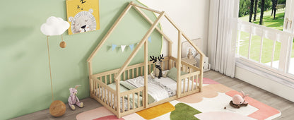 Twin Wood House-Shaped Floor Bed With Fence, Guardrails - Natural