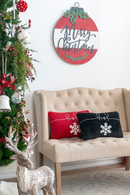 Velvet Pillow With Embroidered Joy And Frosty Snowflake, For Christmas Halloween Holiday Decor (Set of 2) - Black White