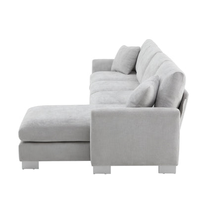 Modern Oversized Sectional Sofa, L-Shaped Luxury Couch Set With 2 Free Pillows, 5 Seat Chenille Indoor Furniture With Chaise - Light Gray