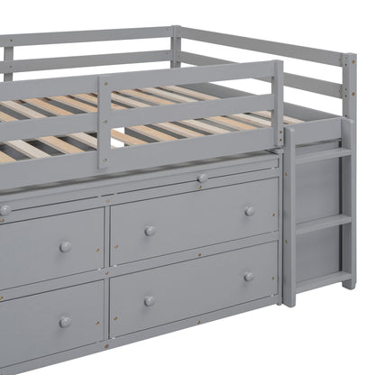 Full Size Loft Bed With Retractable Writing Desk And 4 Drawers, With Lateral Portable Desk And Shelves - Gray