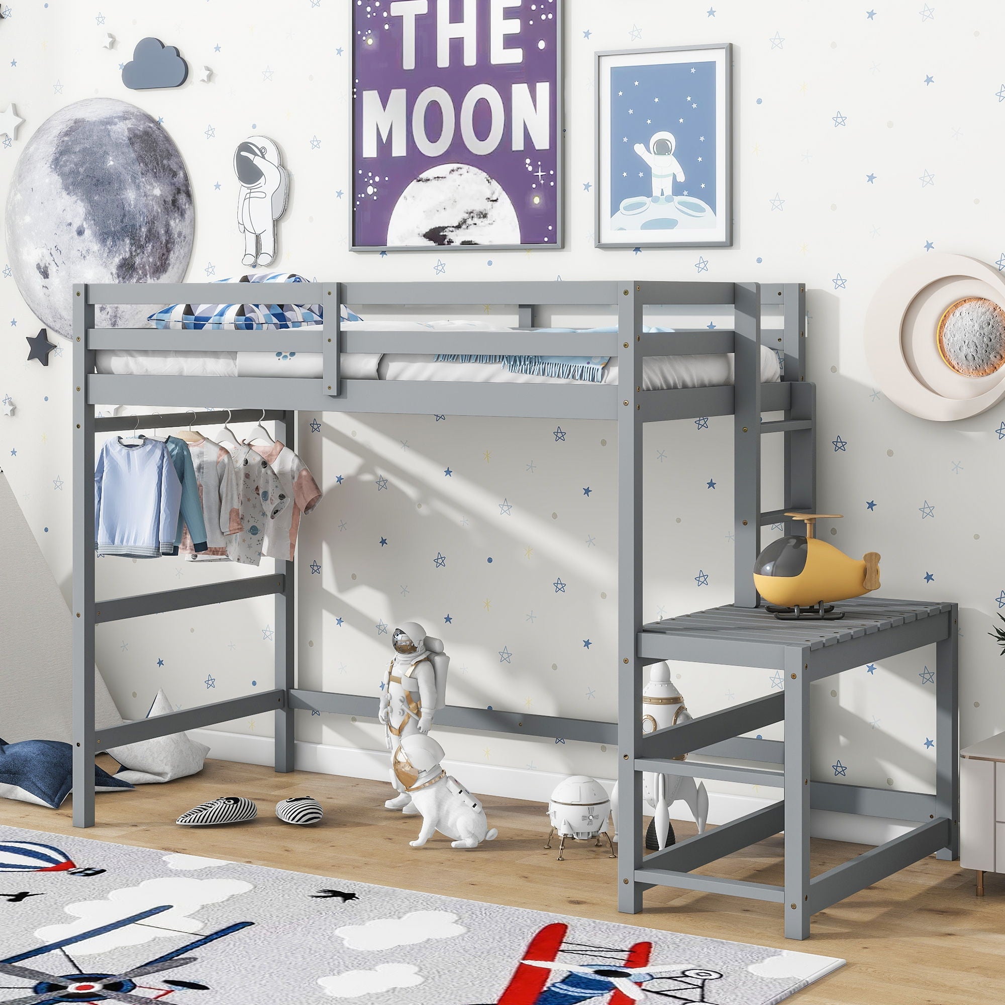 Twin Size High Loft Bed With Ladder Landing Platform, Ladders, Guardrails - Gray