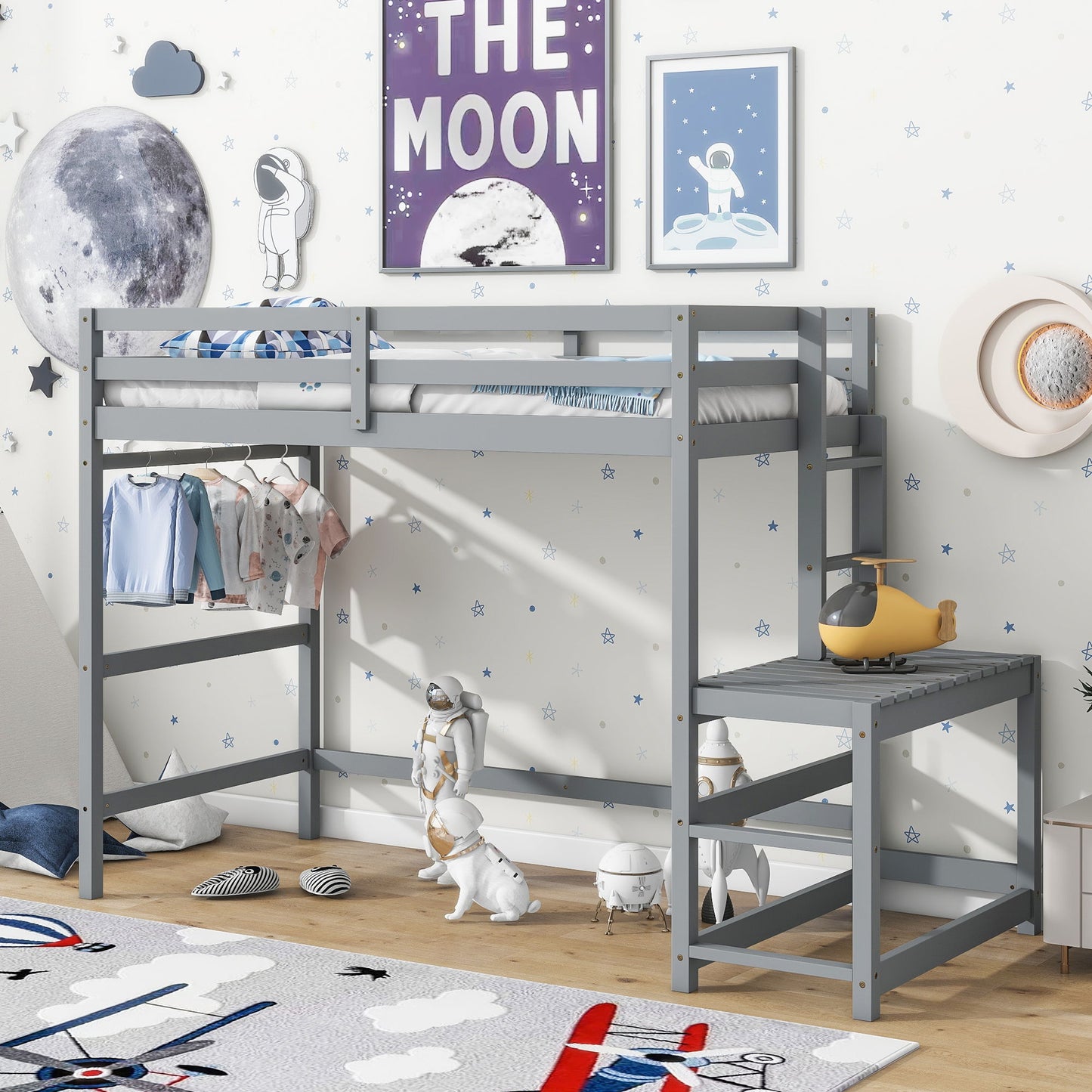 Twin Size High Loft Bed With Ladder Landing Platform, Ladders, Guardrails - Gray