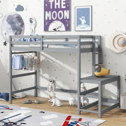 Twin Size High Loft Bed With Ladder Landing Platform, Ladders, Guardrails - Gray