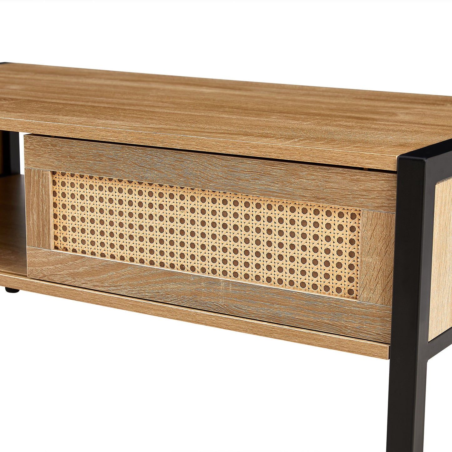 40.16" Rattan Coffee Table, Sliding Door For Storage, Metal Legs, Modern Table For Living Room - Natural