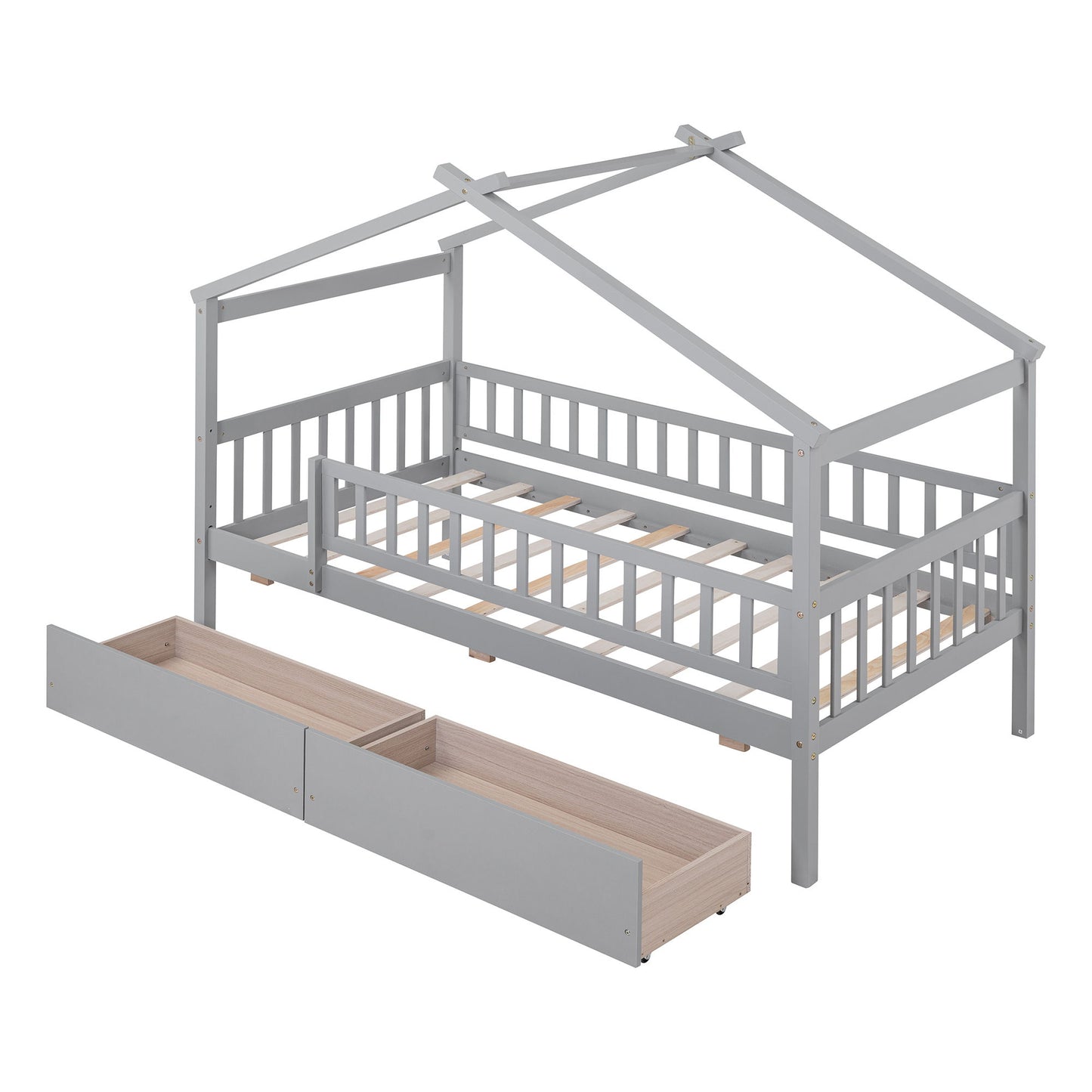 Twin Size House Bed With 2 Drawers - Gray