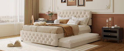 Queen Size Upholstered Platform Bed With Twin Size Trundle And 2 Sets Of USB Ports On Each Side - Beige