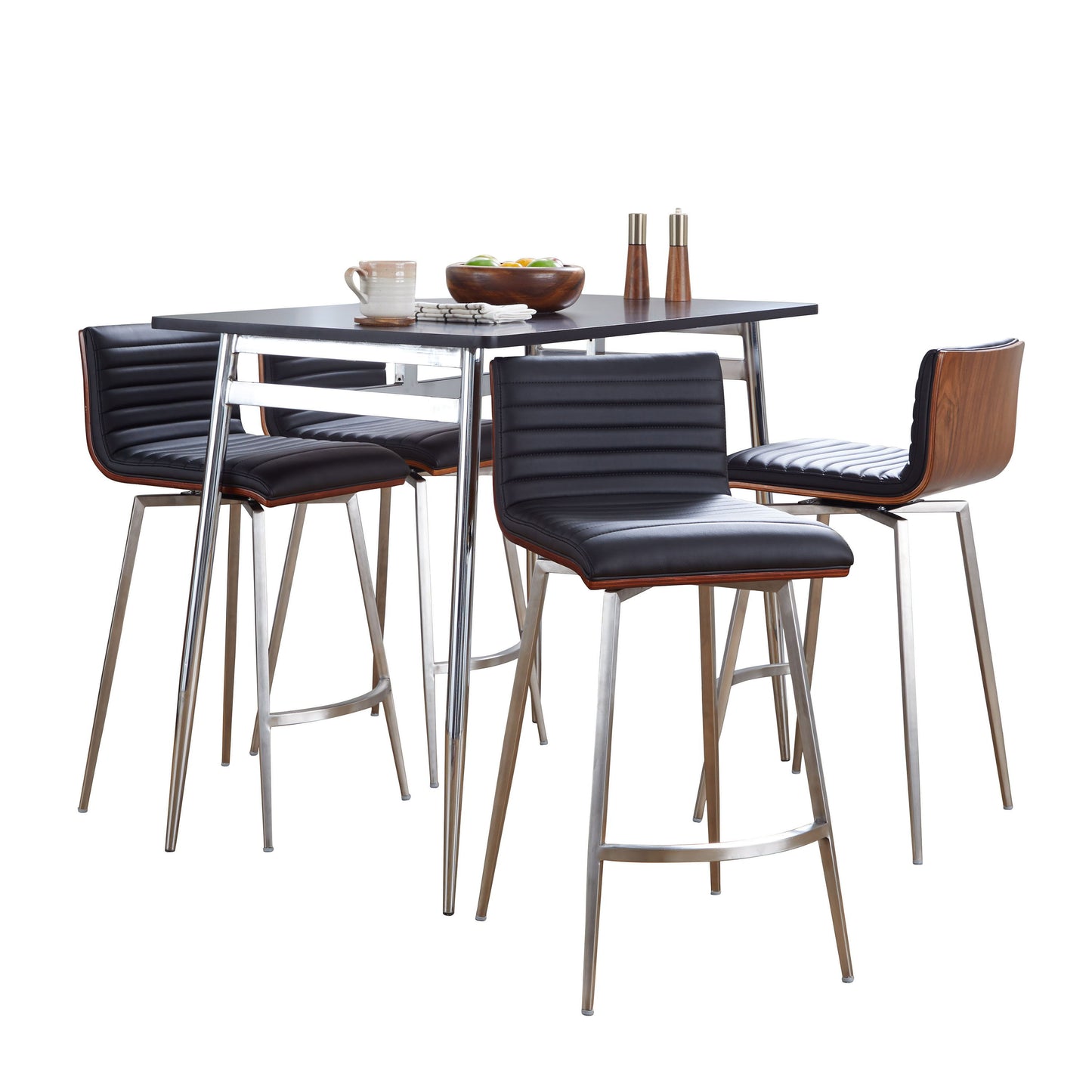 Marcel Mason - 5 Piece Swivel Contemporary Counter Height Dining Set - Chrome - Black / Walnut / Black