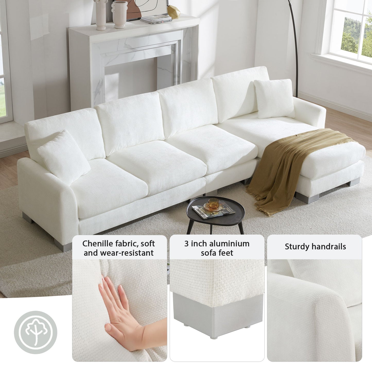 Modern Oversized Sectional Sofa, L-Shaped Luxury Couch Set With 2 Free Pillows, 5 Seat Chenille Indoor Furniture With Chaise - White