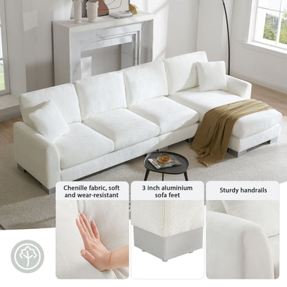 Modern Oversized Sectional Sofa, L-Shaped Luxury Couch Set With 2 Free Pillows, 5 Seat Chenille Indoor Furniture With Chaise - White