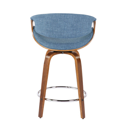 Curvini - Mid-Century Modern Counter Stool (Set of 2) - Walnut / Blue