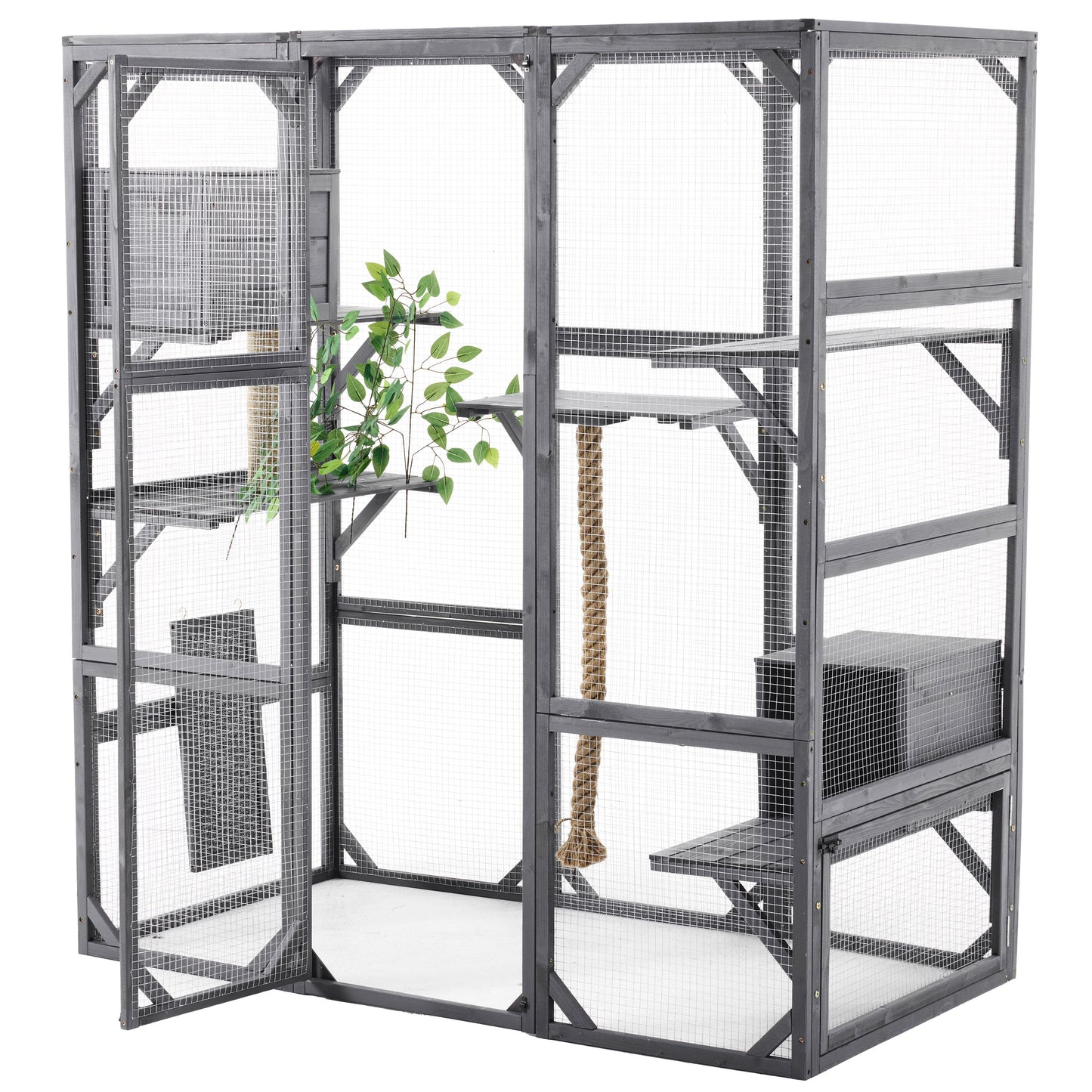 Outdoor Diy Cat House Catio With Double Enter Doors, Platforms, And Condos - Dark Gray