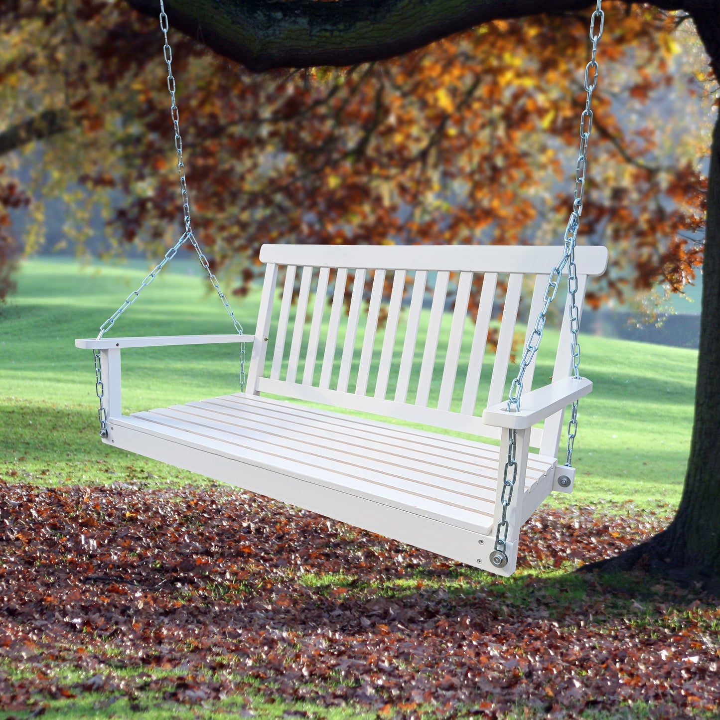 Front Porch Swing With Armrests For Outdoor Patio, Garden Yard, Backyard Or Sunroom - White