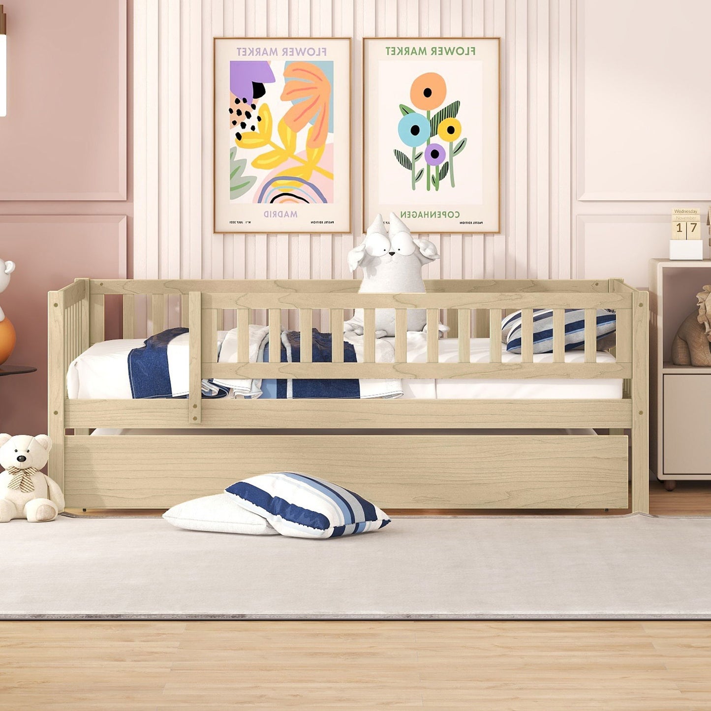 Twin Size Daybed With Trundle And Fence Guardrails - Natural