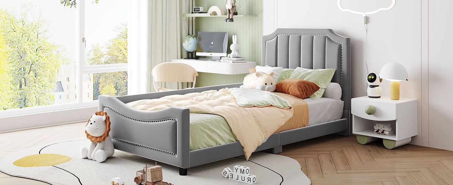 Twin Size Upholstered Daybed With Classic Stripe Shaped Headboard - Gray