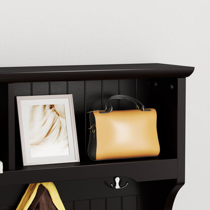 3 In 1 Wooden Hallway Hall Tree With Storage Drawers, Coat Rack, Shoe Rack Bench, And Cushion - Amber Graphite / Black