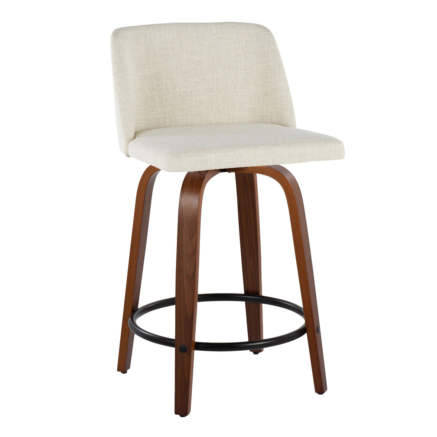 Toriano - Mid-Century Modern Fixed Height Counter Stool With Swivel With Round Footrest (Set of 2) - Walnut / Cream / Black