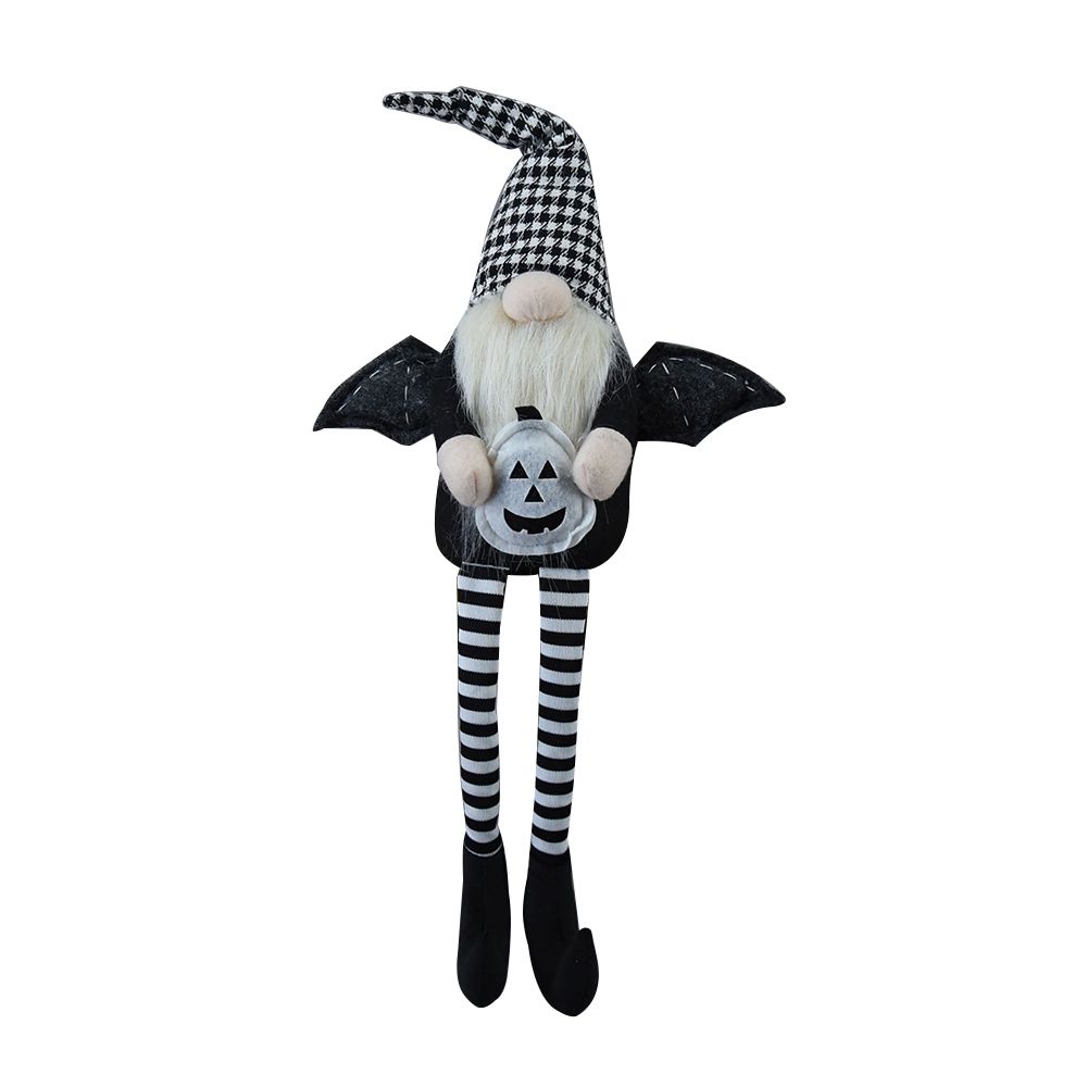 Sitting Gnome With Wings & Plaid Hat, For Halloween Decor - Black White