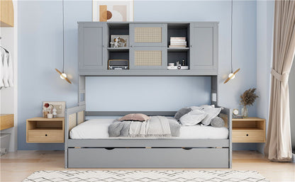 Twin Size Wooden Daybed With Twin Size Trundle, And All In One Cabinet And Shelf - Gray