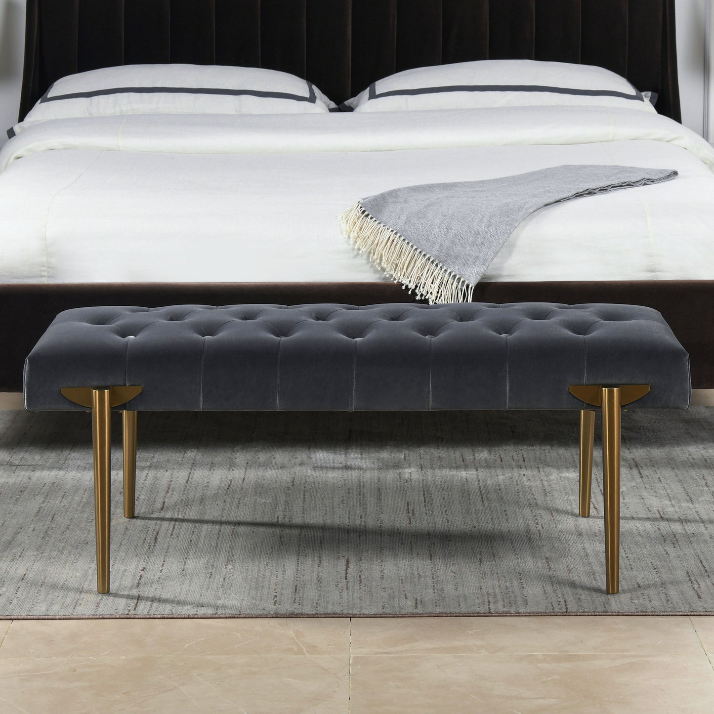 Aria - Upholstered Gold Accent Bench - Gray