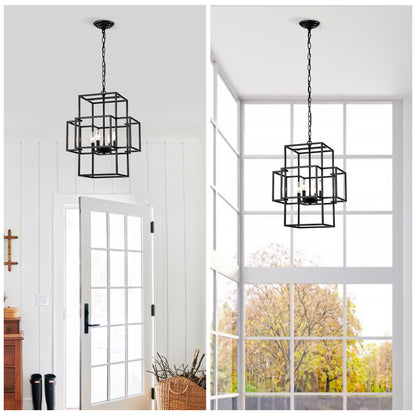 4 Light Metal Lantern Tiered Pendant Hanging Light Fixtures, Industrial Farmhouse Adjustable Height Chandeliers For Dining Room Hallway Foyer Entryway (E12 Bulbs Not Included) - Matte Black