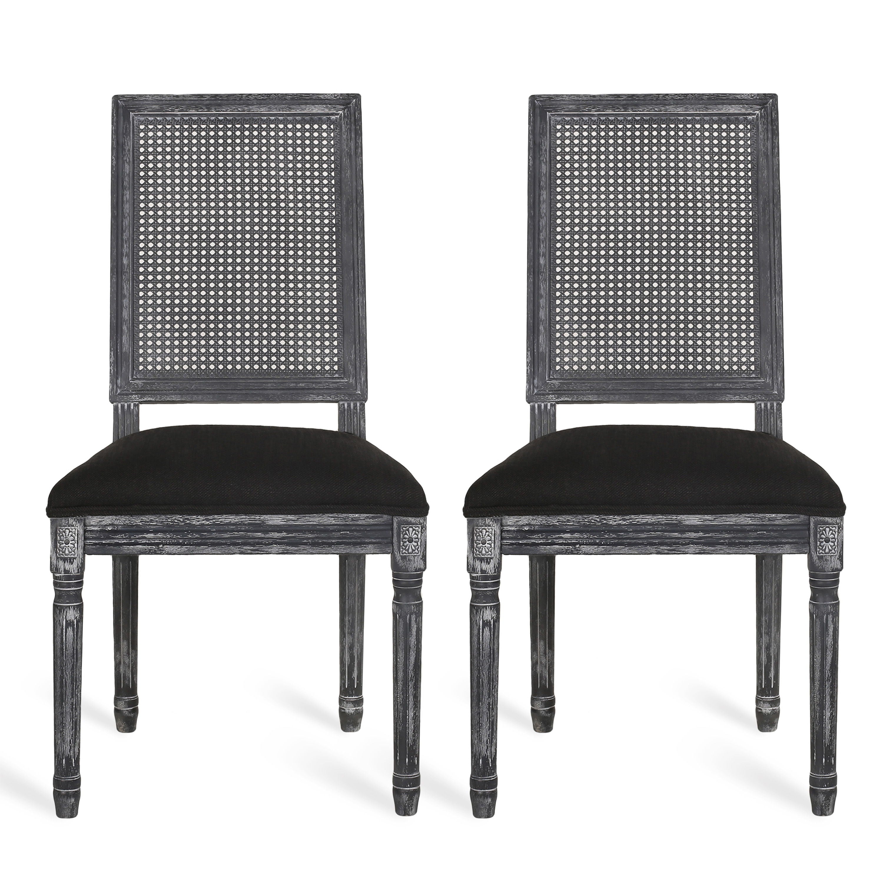 French Country Inspired Dining Chair Set With Cane Backrest - Distressed Light Brown