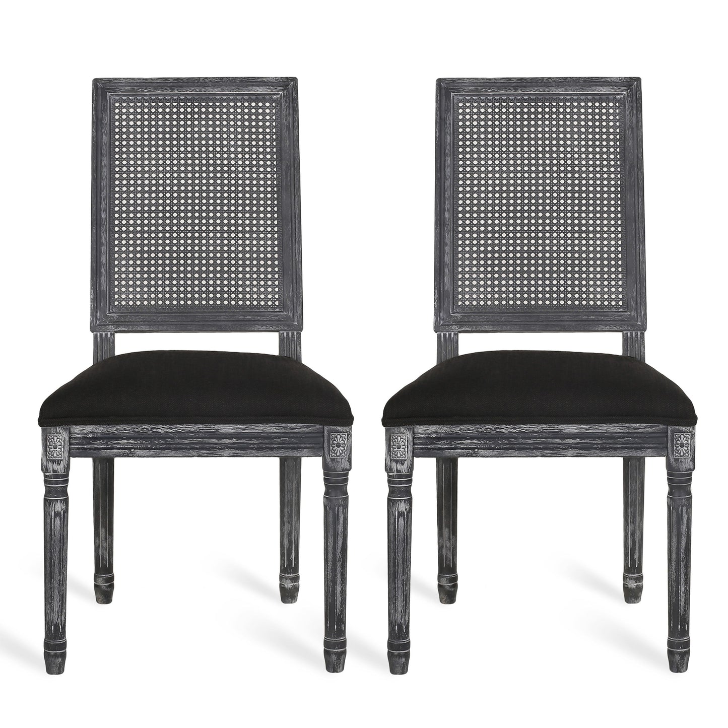 French Country Inspired Dining Chair Set With Cane Backrest - Distressed Light Brown