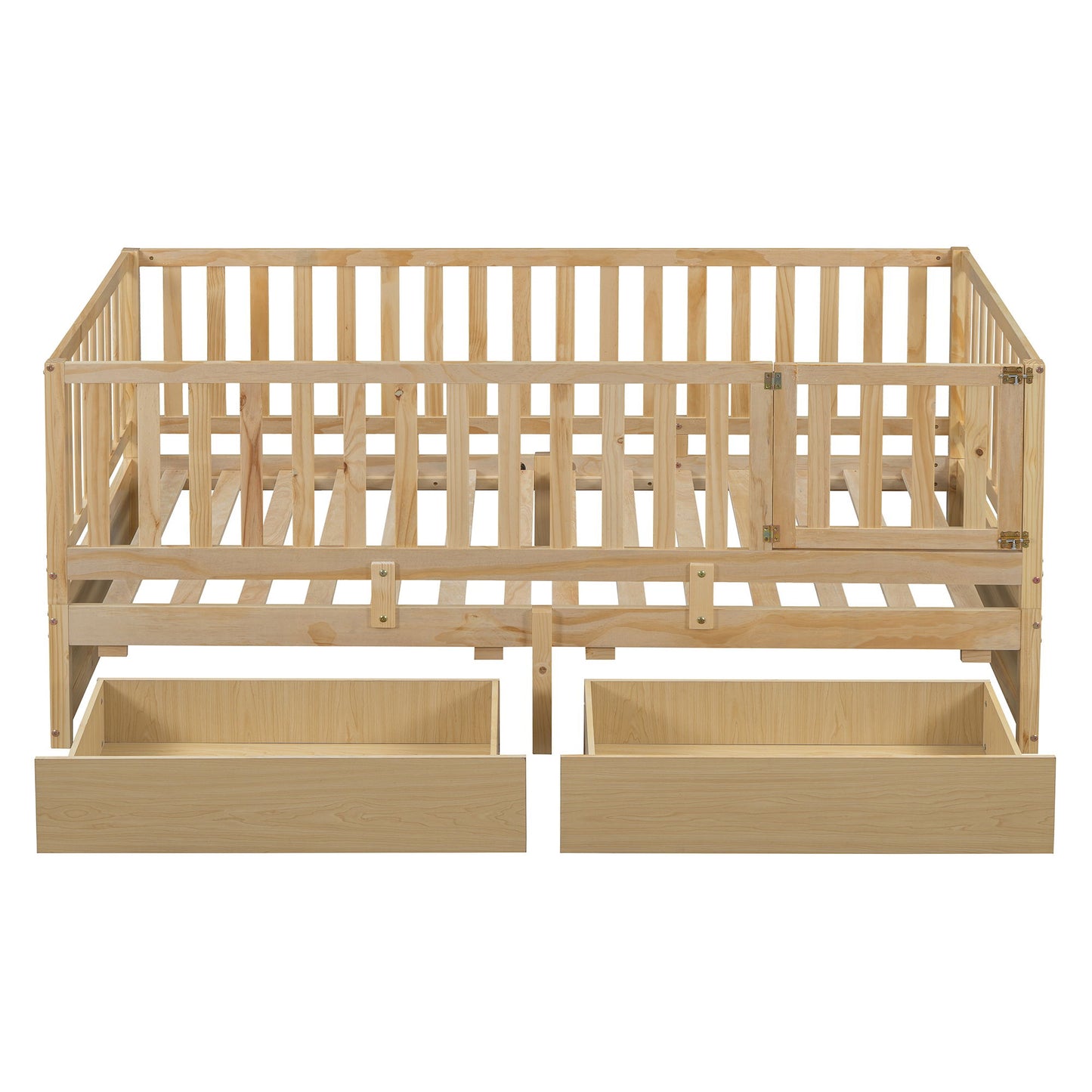 Twin Size Daybed With Fence Guardrails And 2 Drawers, Versatile Split Floor Bed & Daybed - Natural