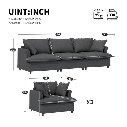 3 Piece Living Room Set Modular Sectional Couch Upholstered 3 Seater Sofa & 2 Armchairs 5 Seat - Gray