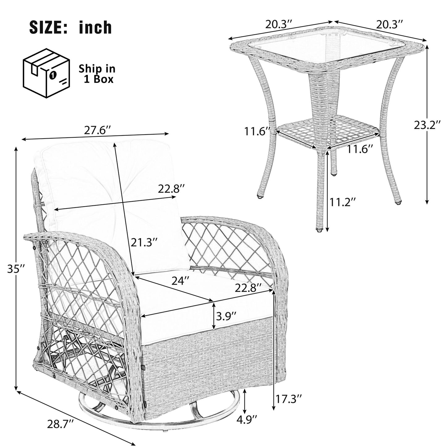 3 Piece Outdoor Chair & Table Set Chat Set 2 Person Rattan Seating Group With 2 Swiveling And Rocking Chairs And A Square Table For Garden, Patio, Or Balcony - Brown