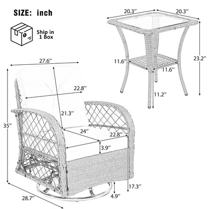 3 Piece Outdoor Chair & Table Set Chat Set 2 Person Rattan Seating Group With 2 Swiveling And Rocking Chairs And A Square Table For Garden, Patio, Or Balcony - Brown