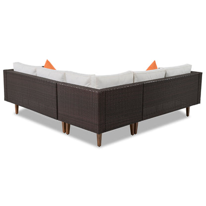 4 Pieces Outdoor Wicker Sofa Set, Patio Furniture With Colorful Pillows, L - Shape Sofa Set - Beige / Brown