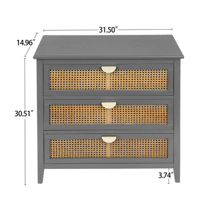 3 Drawer Cabinet Natural Rattan Suitable For Bedroom - Gray
