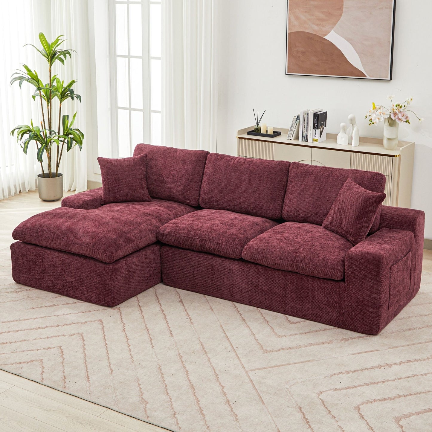 Cloud Sectional Sofa Upholstered Sofa Couch With Double-Layer Cushion And Side Pockets - Red